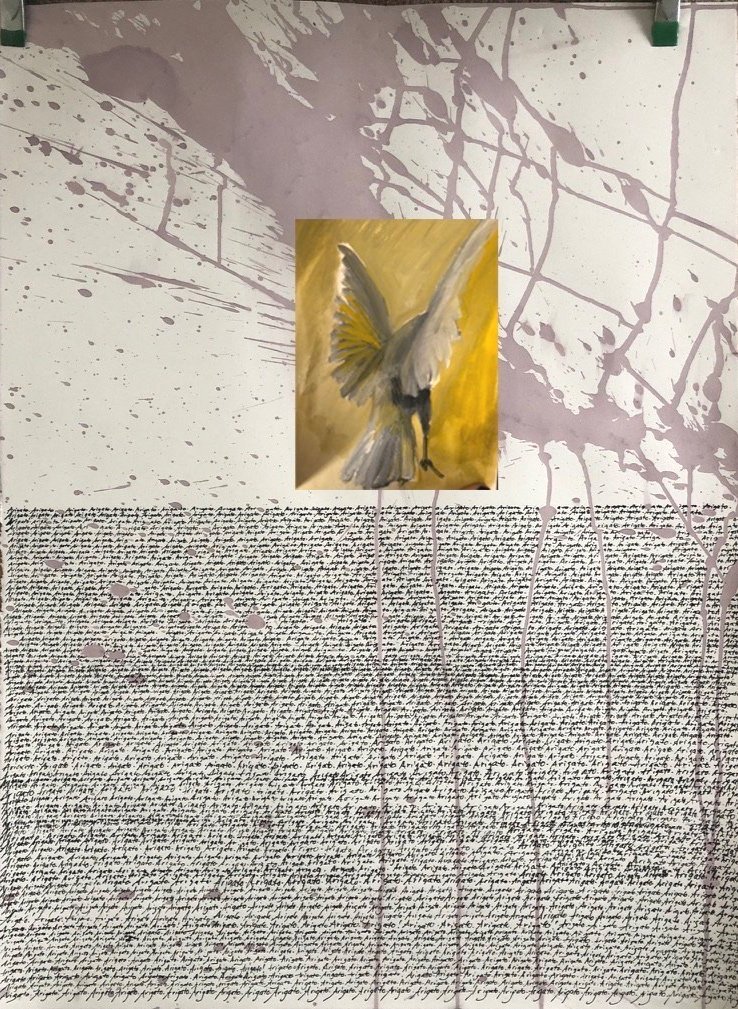 "Never Cry over Spilled Wine" arigato in ink, painted bird, and spilled wine